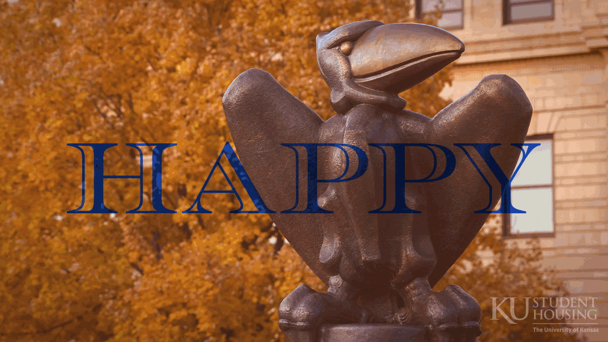 animation of a Jayhawk statue becoming a turkey with text that reads "Happy Thanksgiving"