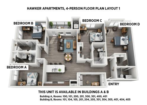 Hawker Apartments 4-person Floor Plan Layout 1