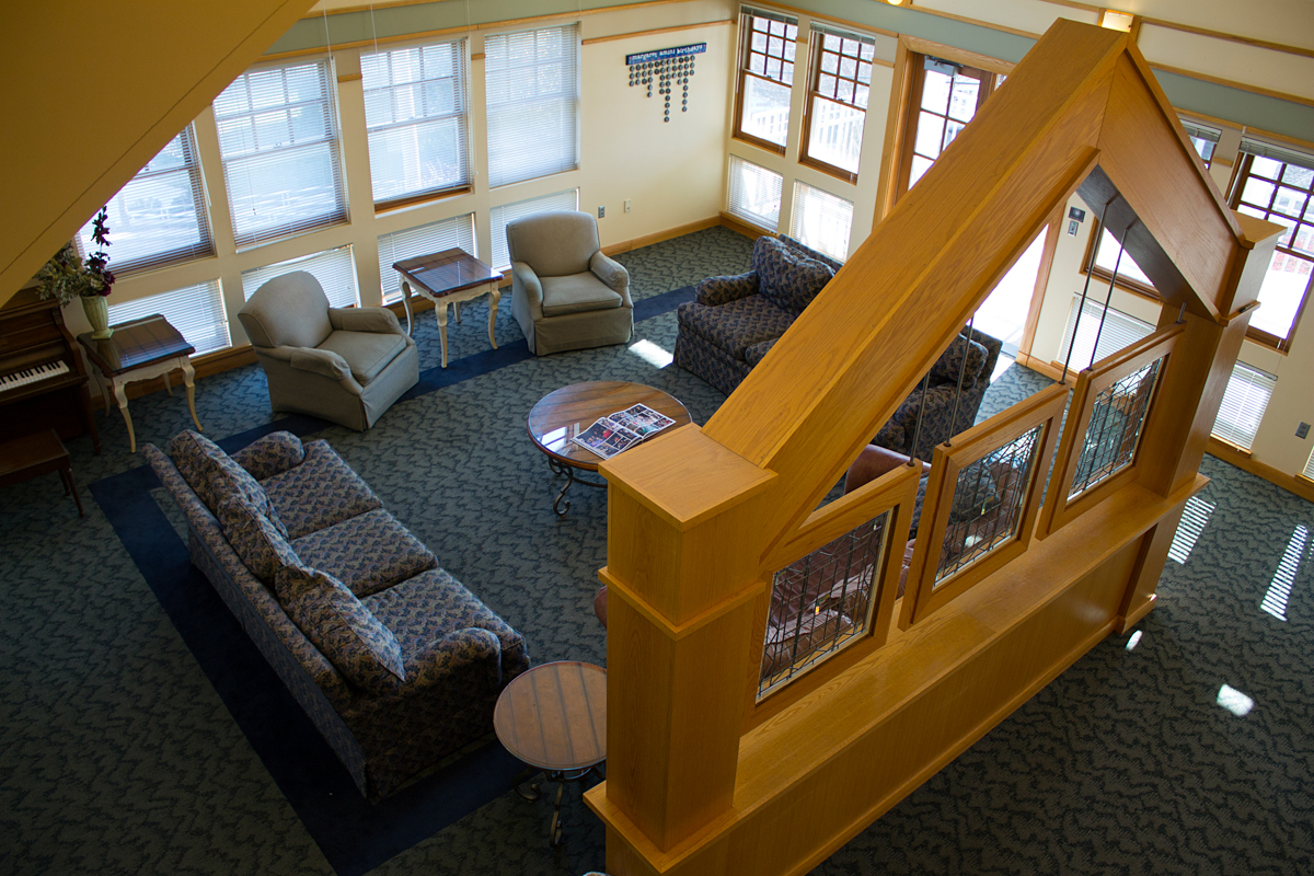 Looking into the living room from the second floor of Margaret Amini Hall.