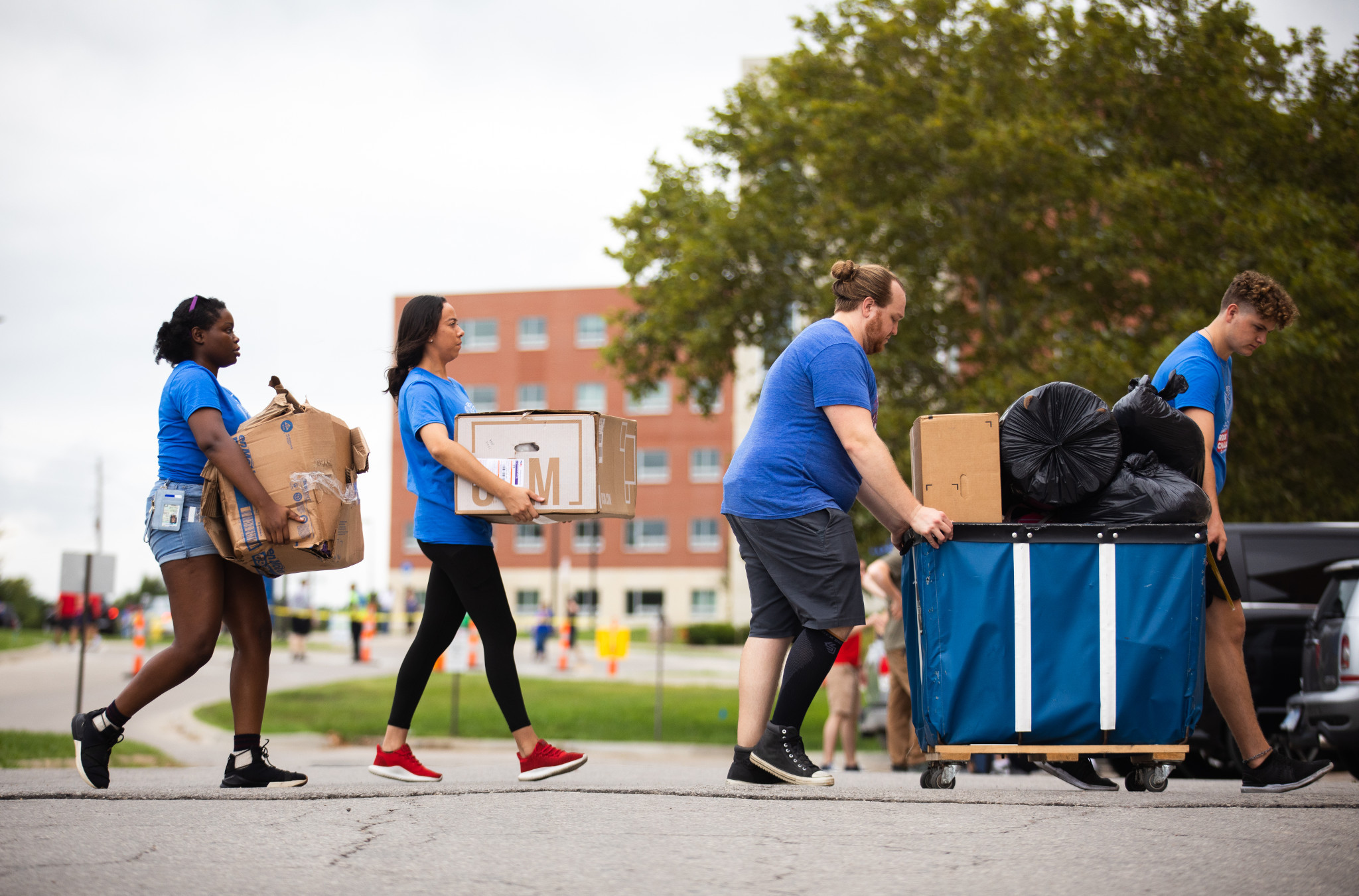 a line of volunteers helping carry boxes and push carts on move-in day