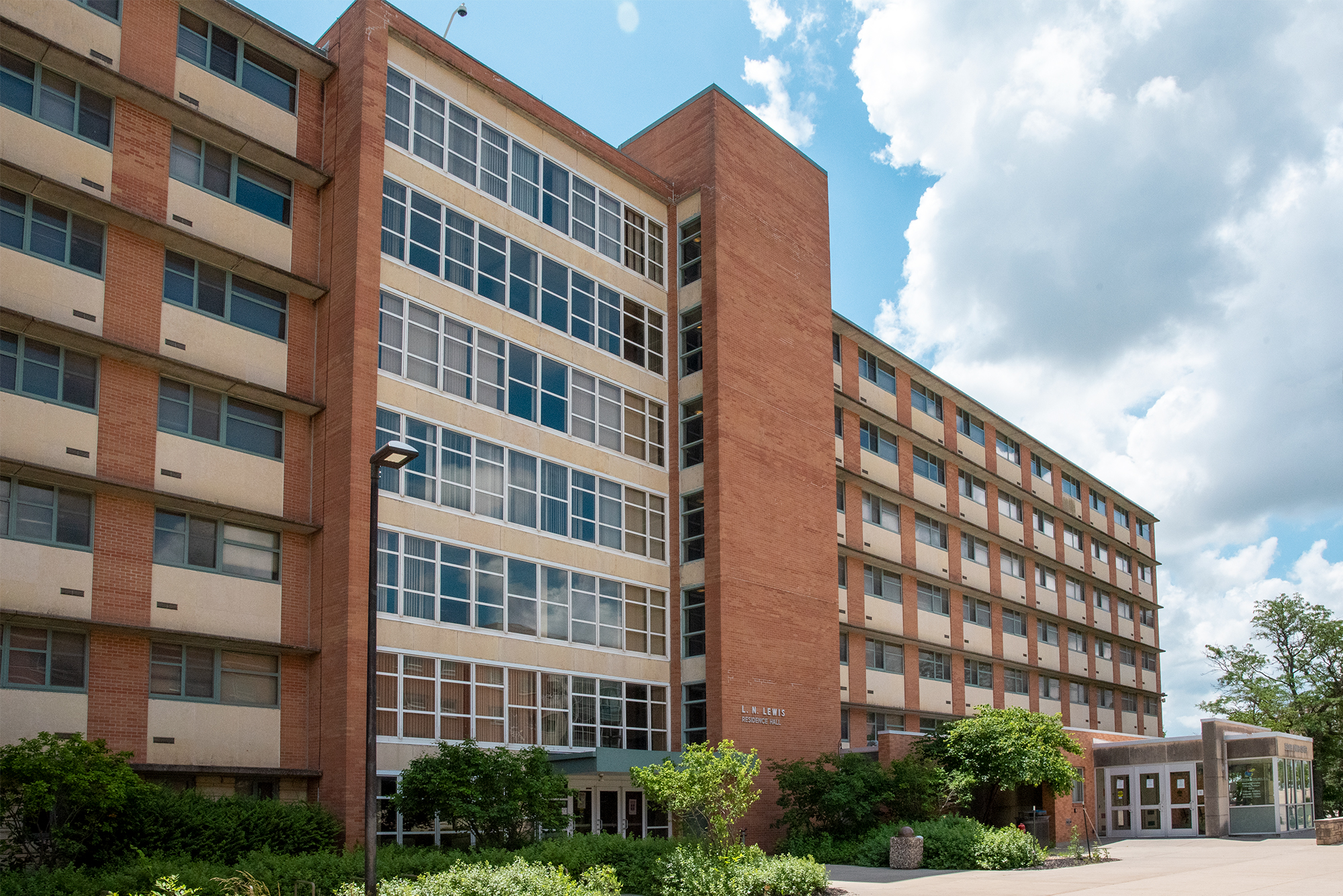 exterior of Lewis Hall on a sunny day