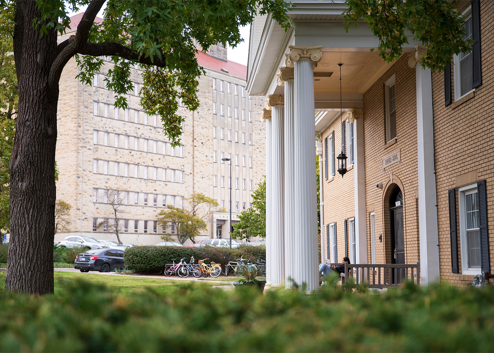 from the front porch of Miller Hall you can see the iconic Fraiser Hall