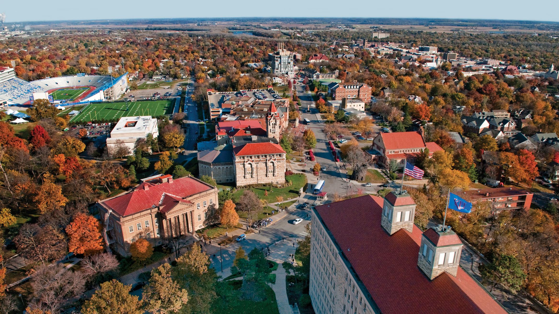 Aerial view of Jayhawk Boulevard facing to the north