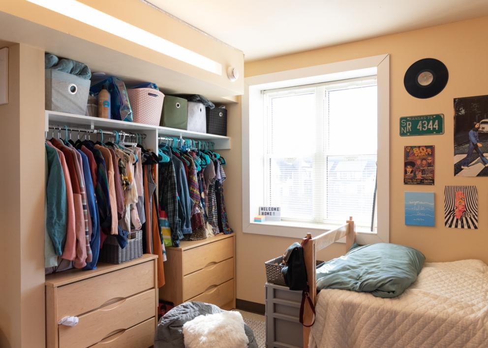 There is a three-drawer dresser and closet space for each resident.