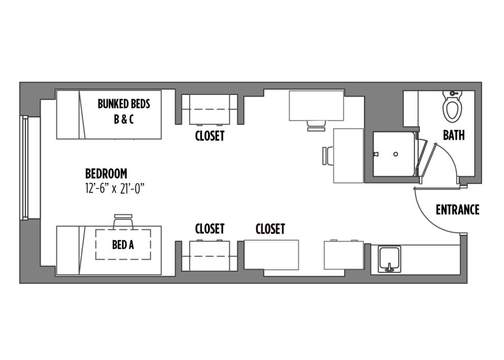 Floor plan for Ellsworth Hall 3-person economy room
