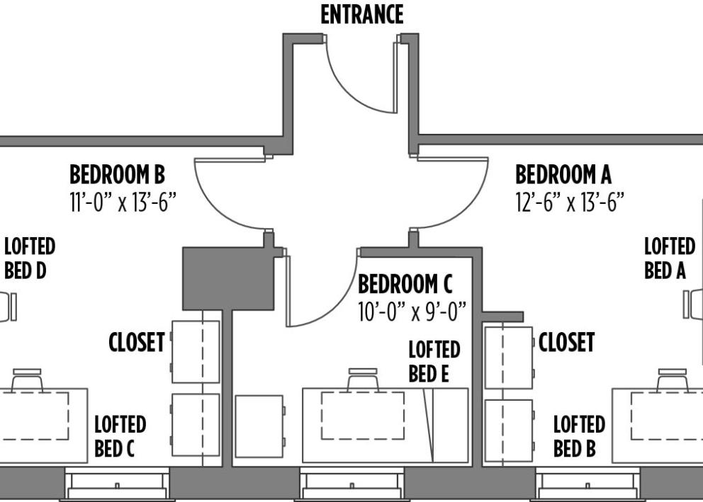 Floor plan of a 5-person room in GSP Hall.