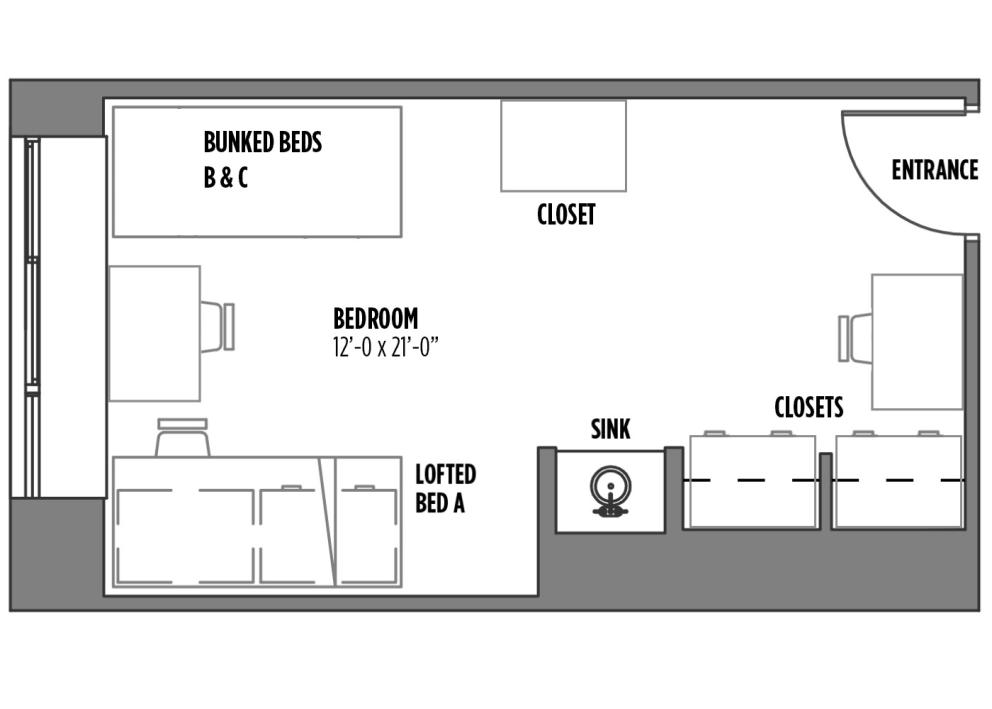 Floor plan for Hashinger Hall 3-person economy room