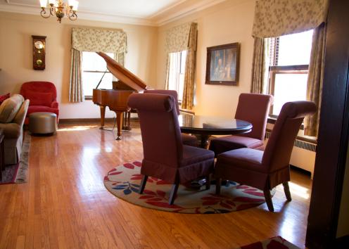 Miller's living room features comfortable study spaces.