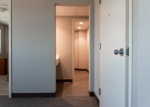 a newly renovated Templin Hall 4-person suite's bathroom sink area accessible off of the main living room