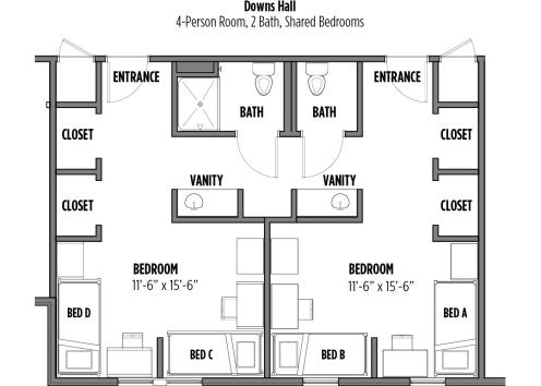 Floor plan of a Downs Hall 4p, 2 Bath, Shared Bedrooms room