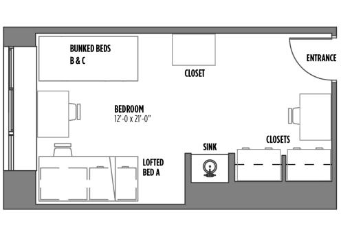 Floor plan for Hashinger Hall 3-person economy room