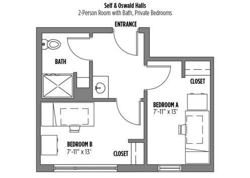 Floor plan of a Self/Oswald 2-Person room with private bedrooms